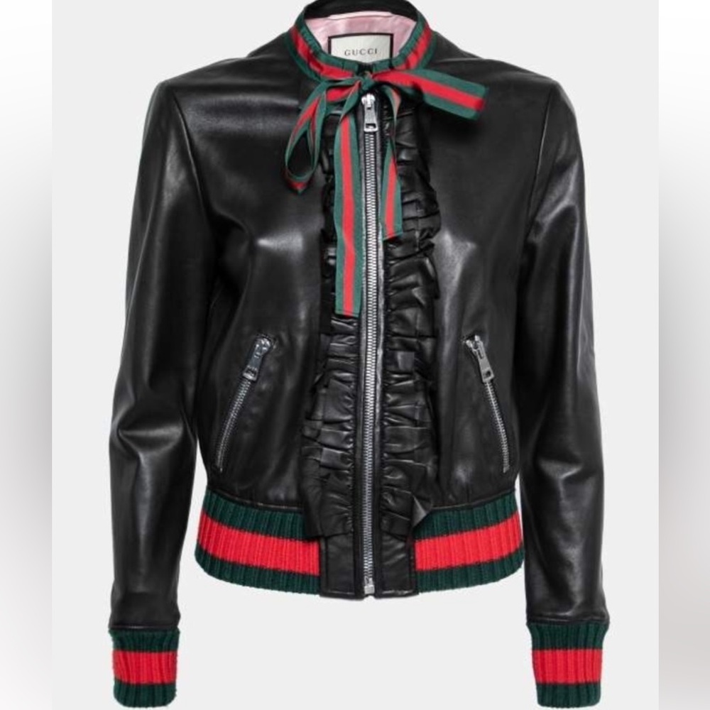 Gucci Women’s Black Leather Jacket with Red and Green Accents